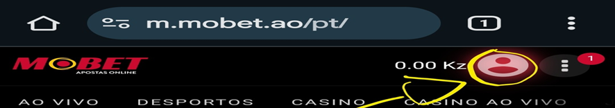 Botão da conta no topo do site Mobet