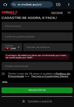 Formulário de registo da Mobet
